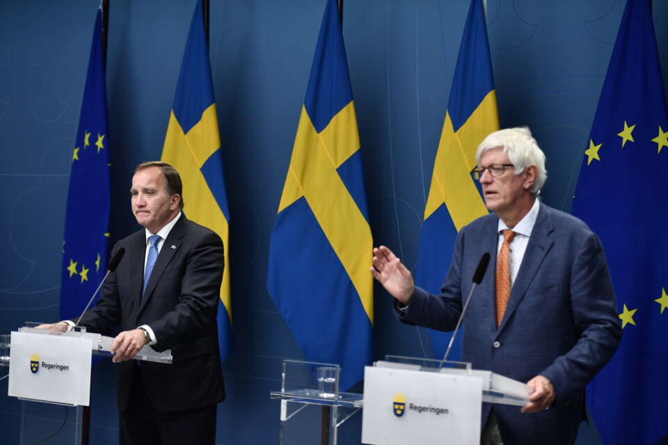 Statsminister Stefan Löfven och Folkhälsomyndighetens generaldirektör Johan Carlson under torsdagens presskonferens.