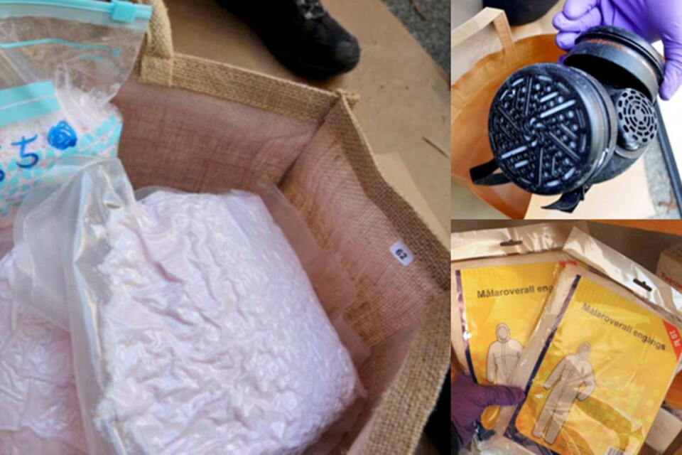 Amfetamin som hittades i restaurangköket – polisen fann även skyddsmasker samt målaroveraller som man misstänker användes under framställningen av narkotikan.