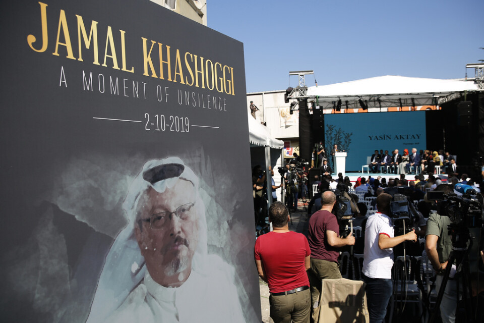 En bild på Jamal Khashoggi vid en ceremoni i höstas, ett år efter hans död. Arkivbild.
