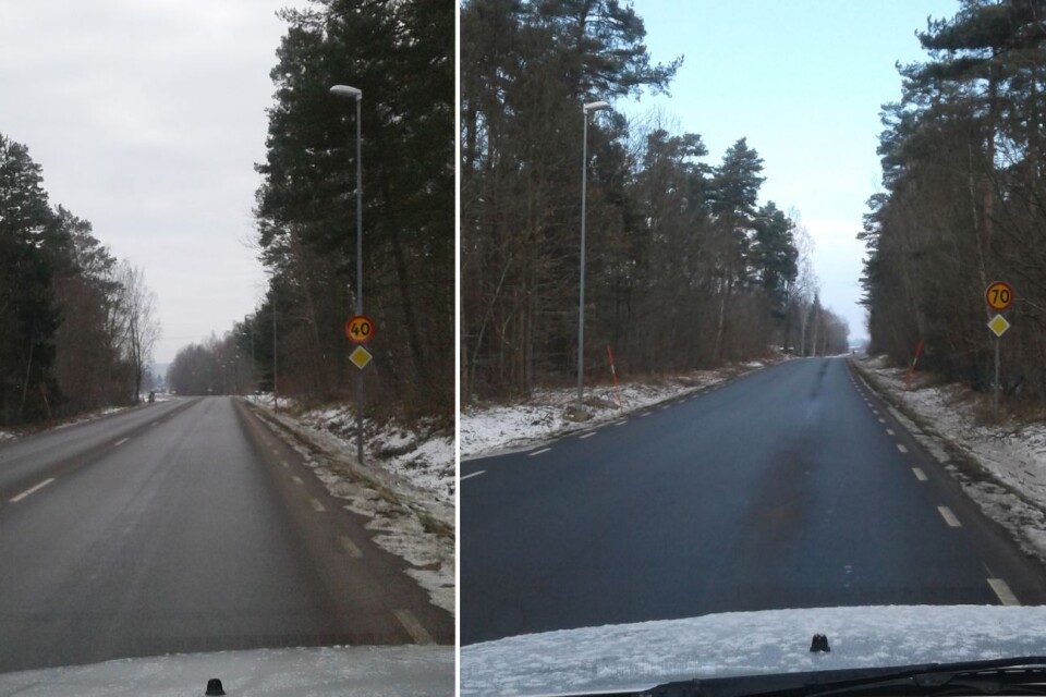 De olika hastighetsbegränsningarna på samma sträcka av Tränevägen där den ändras söderifrån respektive norrifrån.