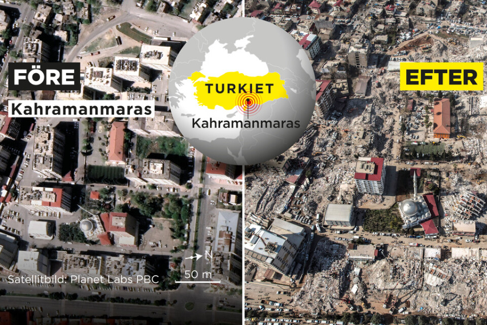 Flygbilder över ett område i staden Kahramanmaras i Turkiet, före och efter skalven.