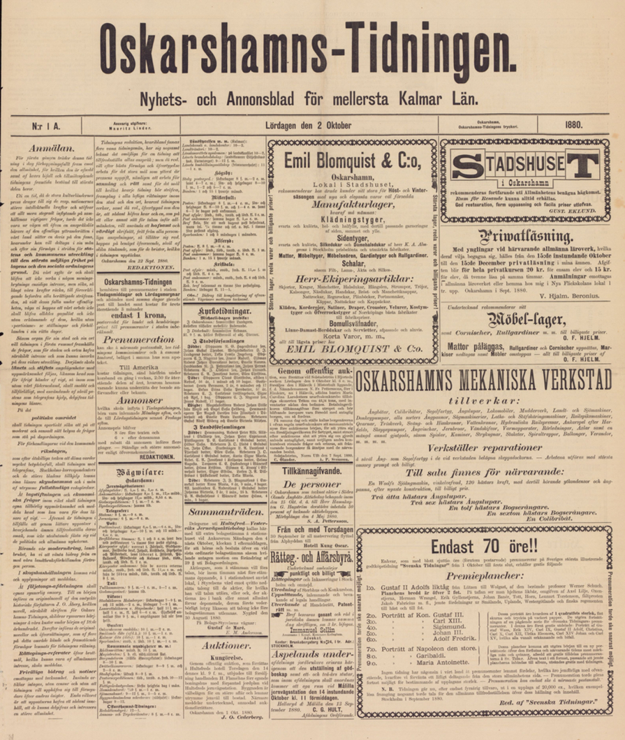 Första utgåvan av Oskarshamns-Tidningen den 2 oktober 1880.