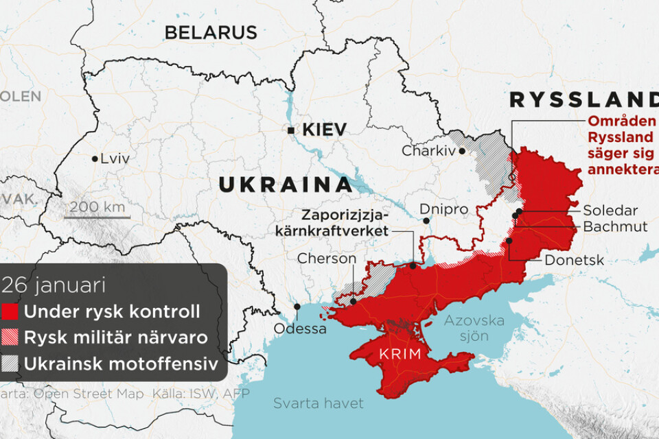 Läget den 26 januari, med områden under rysk kontroll, områden med rysk militär närvaro, ukrainska motoffensiver samt områden som Ryssland säger sig ha annekterat.