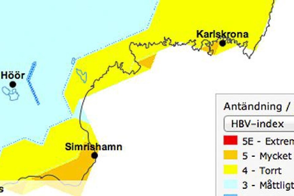 Karta från Myndigheten för samhällsskydd och beredskap. Prognosen gäller för i morgon då torkan intensifierats.