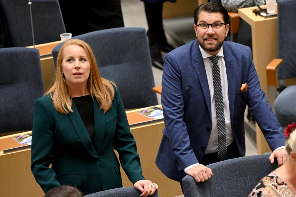 Centerpartiets partiledare Annie Lööf (C) och Sverigedemokraternas partiledare Jimmie Åkesson (SD).