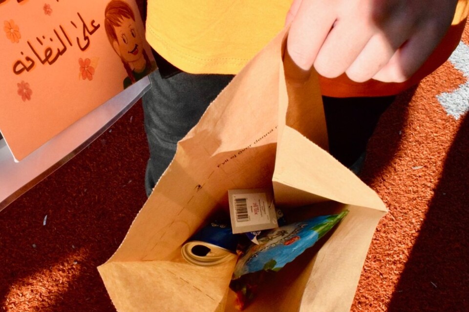 The children have paperbags to collect the rubbish in.