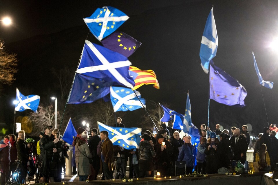 Skotska EU-anhängare vid en demonstration i Edinburgh den 31 januari i år, när Storbritannien lämnade EU.