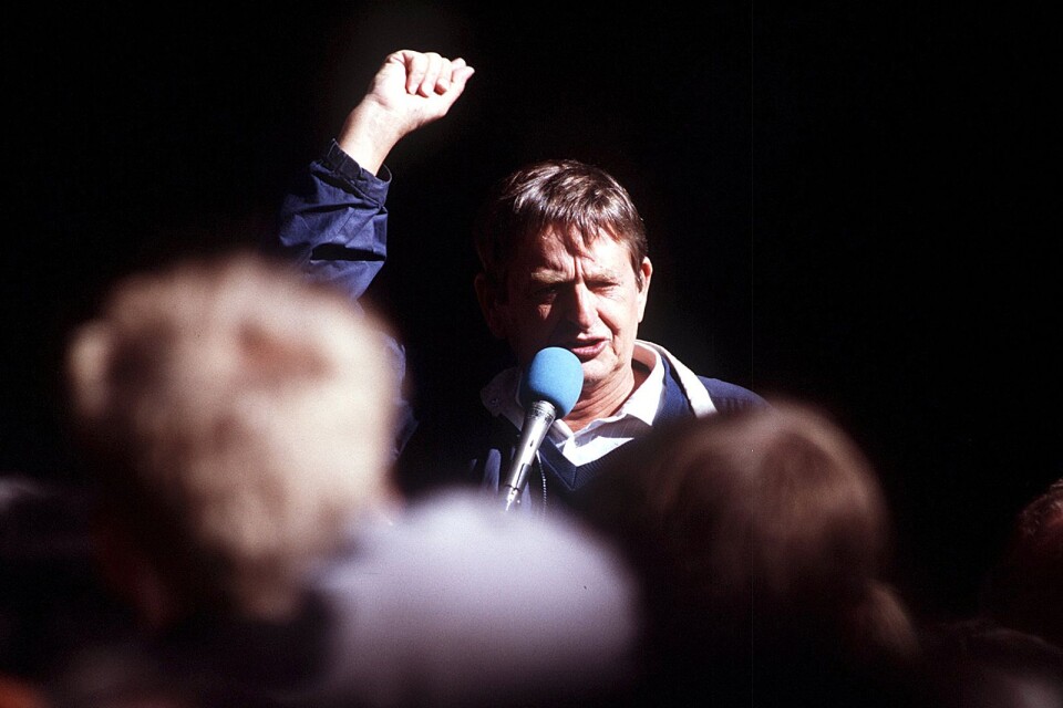 Olof Palme talar i Stockholm 1985.