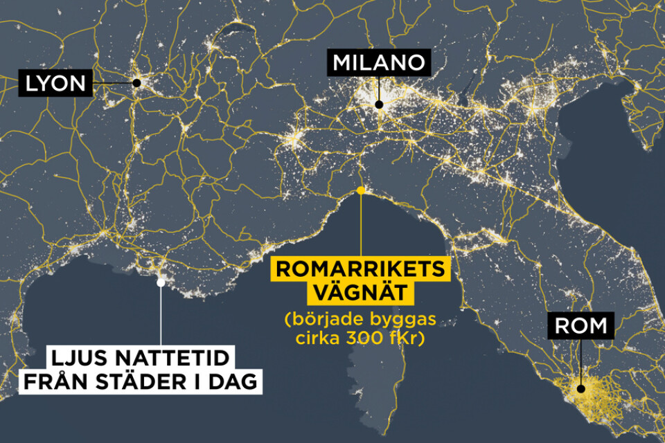 Kartan visar hur ljusen från dagens städer nattetid och det romerska vägnätet sammanfaller.