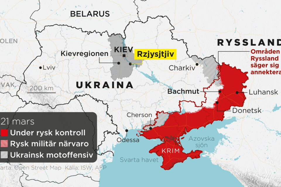 Attacken har enligt ukrainska uppgifter inträffat i Rzjysjtjiv.