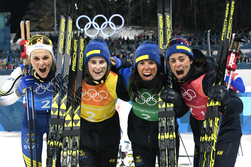 Sveriges Stina Nilsson, Ebba Andersson, Charlotte Kalla och Anna Haag tog silver i senaste OS-stafetten. Arkivbild.