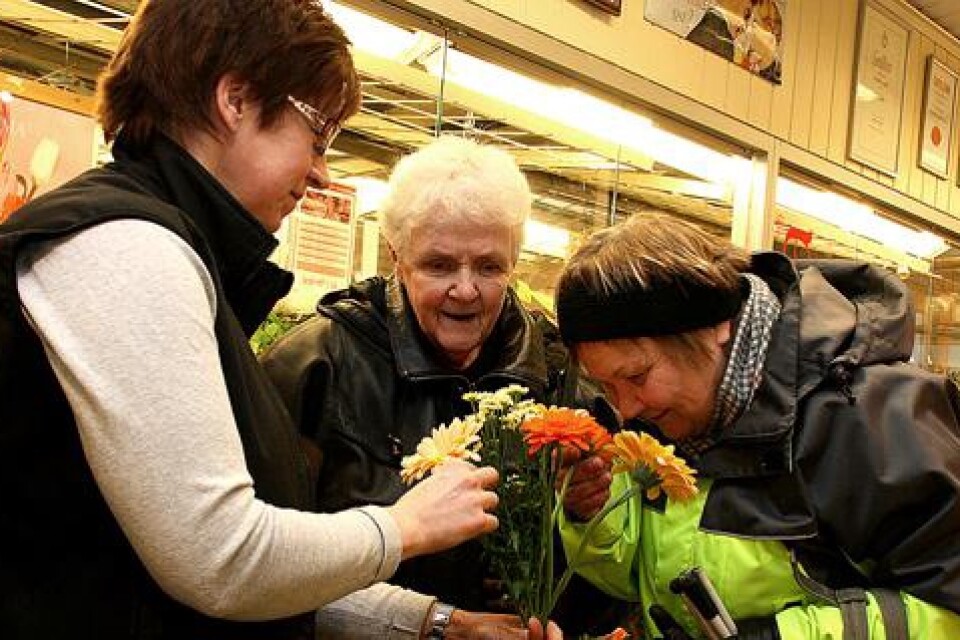 Irene Spjuth och Marita Johansson är synskadade och drömmer om ledsagning i kommunens regi. Här får de hjälp av Marita Bengtsson när de ska köpa blommor.