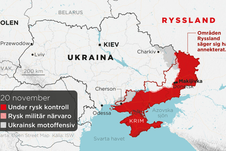 Områden under rysk kontroll, områden med rysk militär närvaro, ukrainska motoffensiver samt annekterade områden, 20 november.