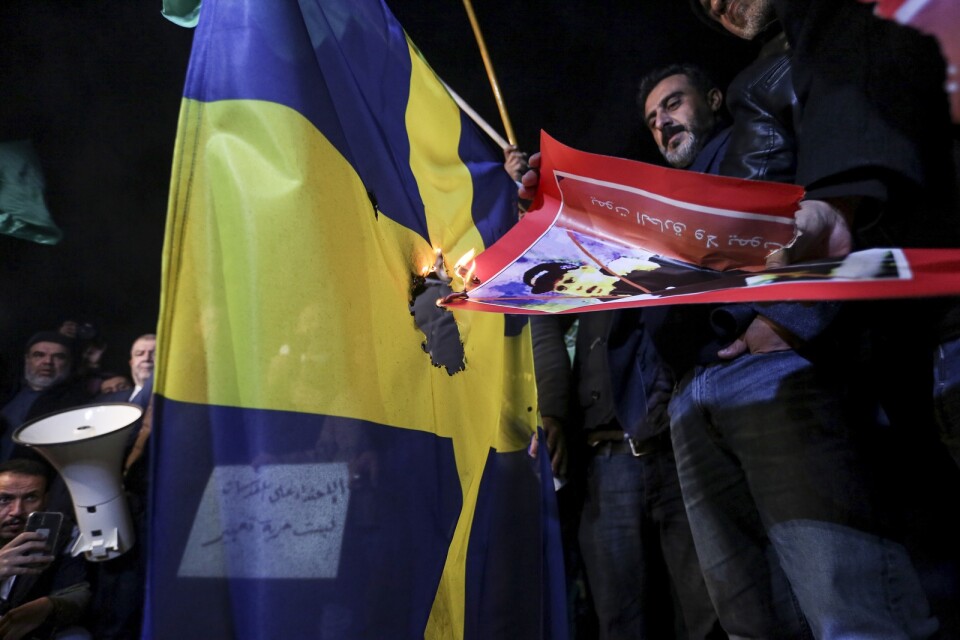 Absurt hat mot Sverige. Demonstranter i Jordanien tänder eld på den svenska flaggan.