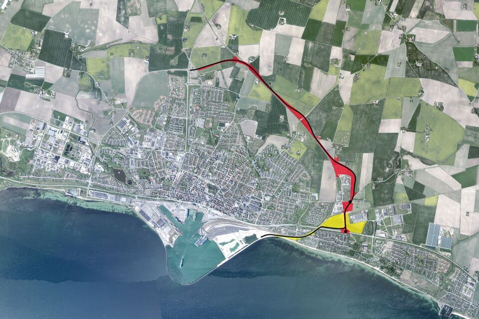 Den gula markeringen utgör planområdet för östra hamninfarten och den röda för östra ringvägen.