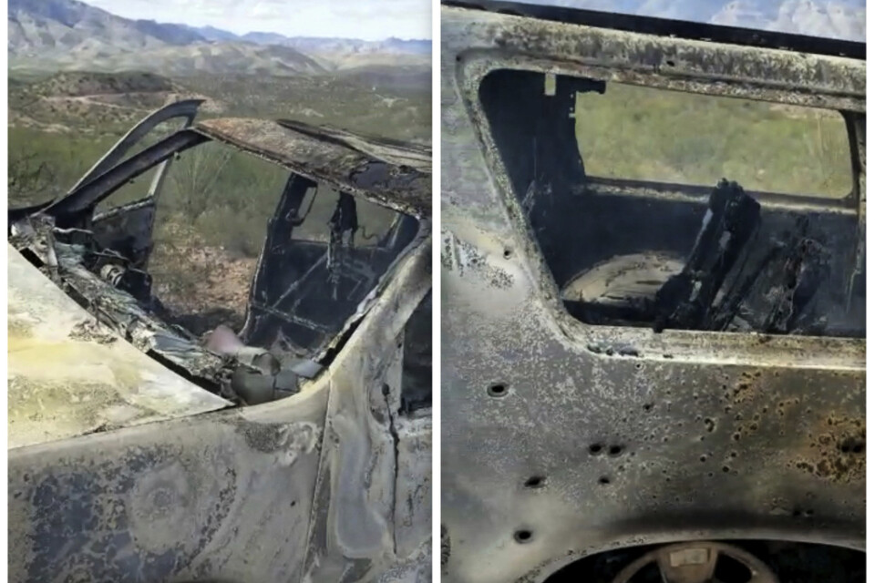 Bilderna kommer från ett filmklipp som visar ett utbränt fordon som LeBaron-familjemedlemmar färdades i när de anfölls och dödades.