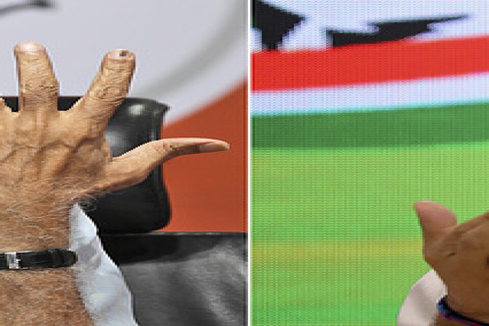 Huvudrivalerna i indiska valet – premiärminister Narendra Modi, till vänster, och Kongresspartiets ordförande Rahul Gandhi.