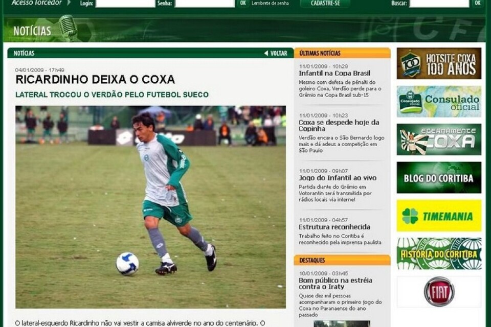 gick det att läsa på den brasilianska klubbens hemsida att Ricardo är klar för en svensk fotbollsklubb.