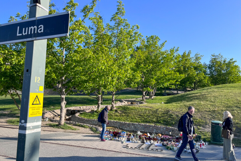 Nedlagda blommor där en pojke i 15-årsåldern höggs till döds under ett bråk i Lumaparken, Hammarby sjöstad i Stockholm den 26 maj. Arkivbild.