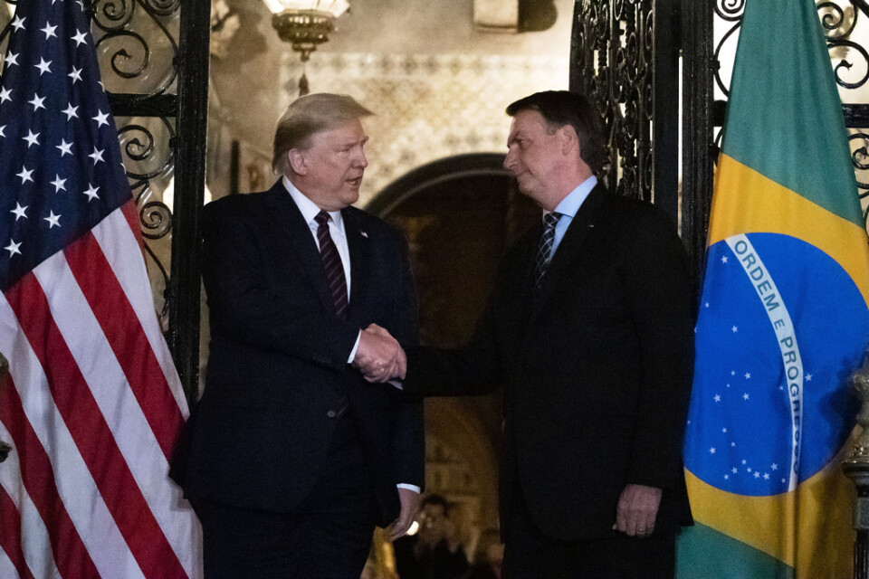 Brasiliens president Jair Bolsonaro skakar hand med USA:s president Donald Trump den 8 mars.