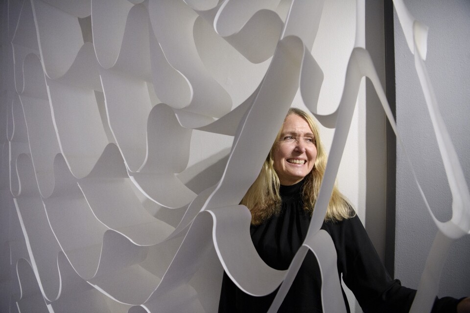 Designern Marie-Louise Hellgren använder restprodukter och överblivet material i sin design. Det här håliga ”draperiet” bestod av cirka 3 000 meter drop paper, en typ av fiberduk.