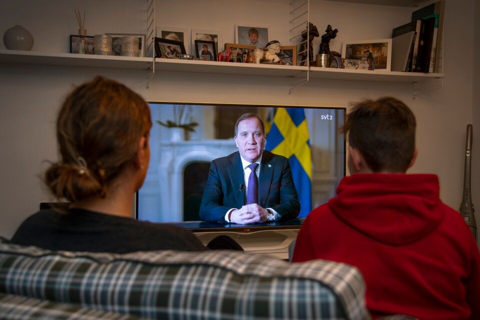 Statsminister Stefan Löfven (S) håller ett tal till nationen i SVT med anledning av coronapandemin.