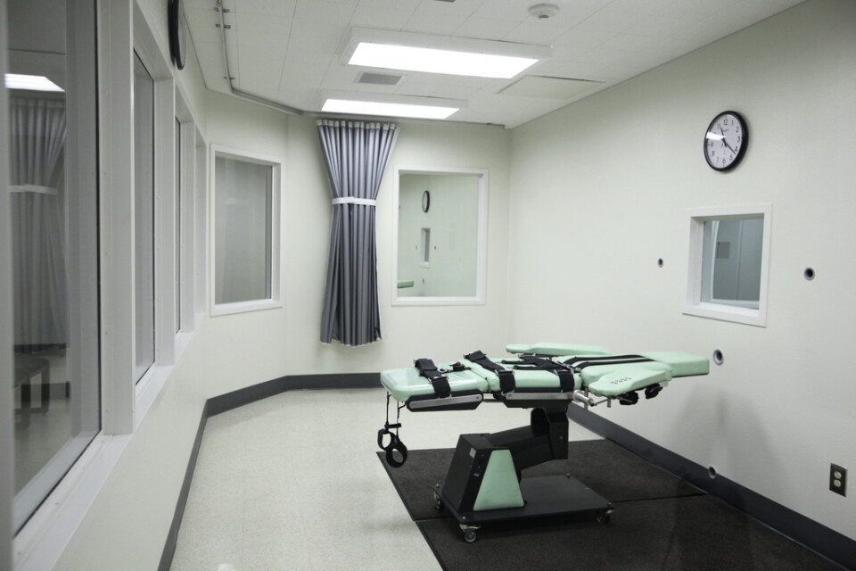 Avrättningskammare på delstatsfängelset San Quentin i Kalifornien, USA. Den dödsdömde fången spänns fast på britsen och ges en dödlig giftinjektion. Arkivbild.