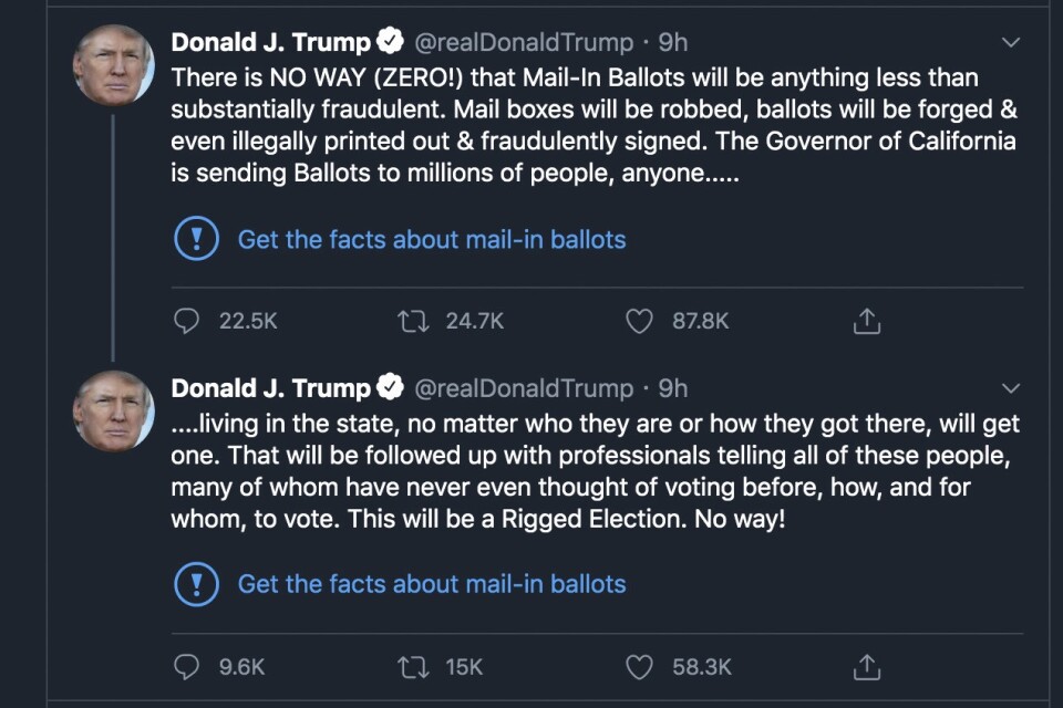 Donald Trumps två flaggade Twitter-inlägg.