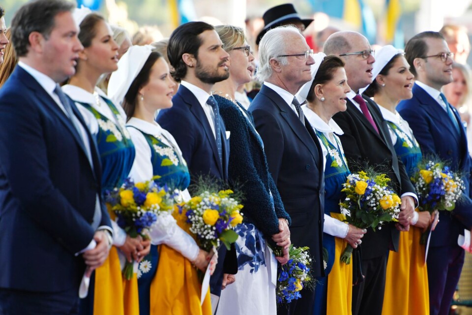 The Swedish royal family usually celebrates the national day at Skansen. From the left: Mr Chris O'Neill, Princess Madeleine, Princess Sofia, Prince Carl-Filip, King Carl Gustaf, Queen Silvia, Crown Princess Victoria and Prince Daniel