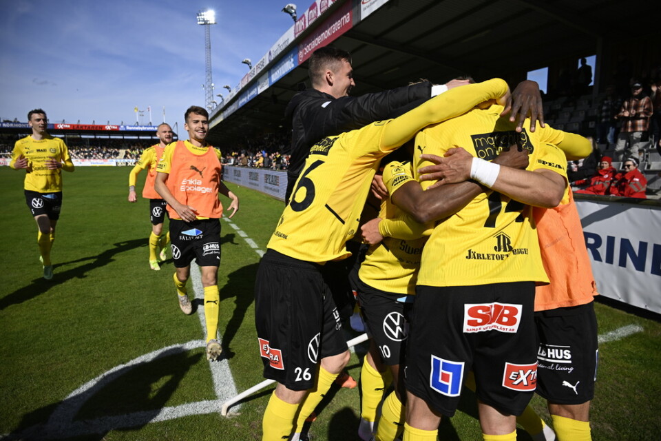 Mjällbyjubel efter Herman Johanssons 1–1-mål i slutsekunderna i matchen mot Värnamo.