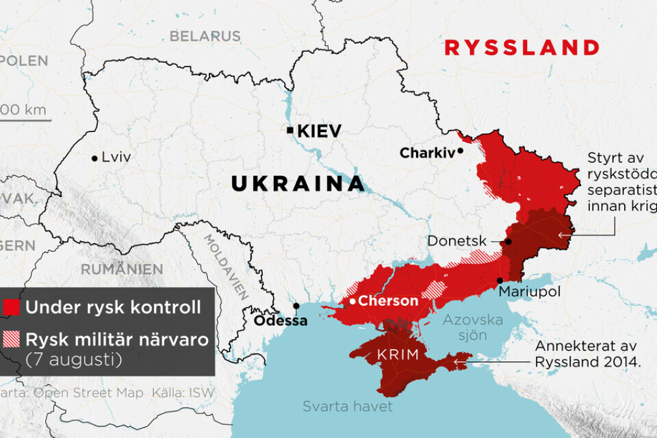 Områden under rysk kontroll samt områden med rysk militär närvaro 7 juli.