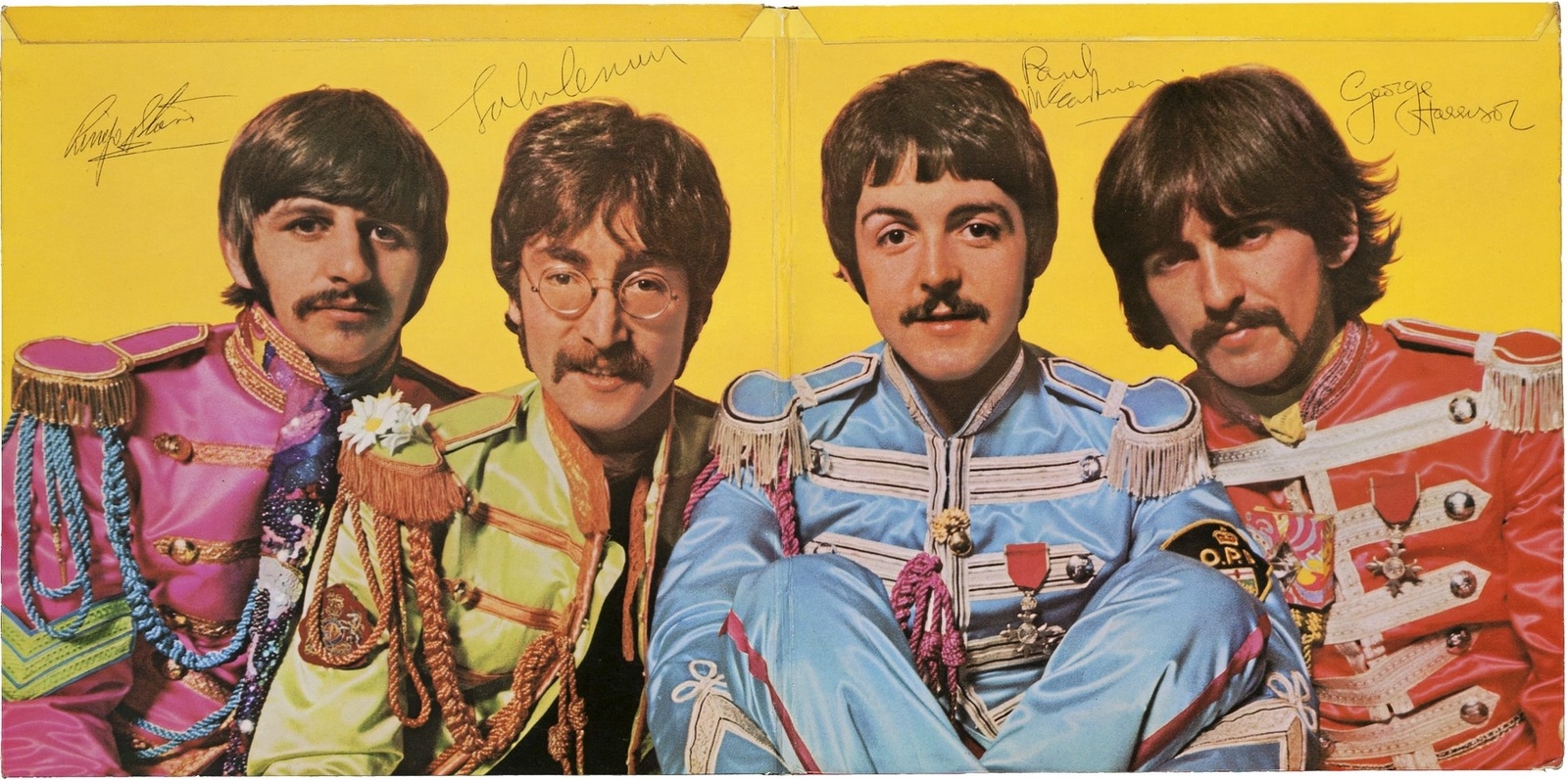 This undated image provided by Heritage Auctions shows what is described as a pristine copy of The Beatles Sgt. Peppers Lonely Hearts Club Band album autographed by all four members of the band, that is up for auction. A statement from Dallas-based Heritage Auctions says the bidding for the album has passed $110,000 and could surpass $150,000 by the time bidding is closed on March 30. (AP Photo/Heritage Auctions)