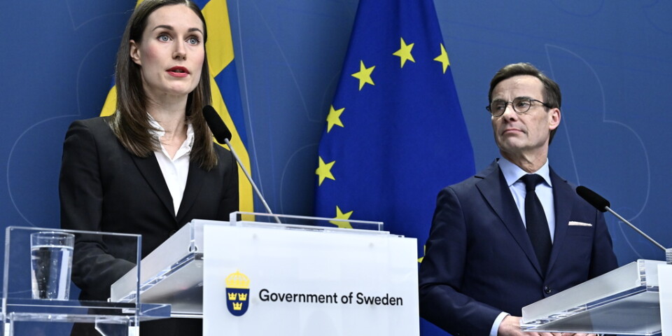 Finlands statsminister Sanna Marin och statsminister Ulf Kristersson (M) under en gemensam presskonferens.