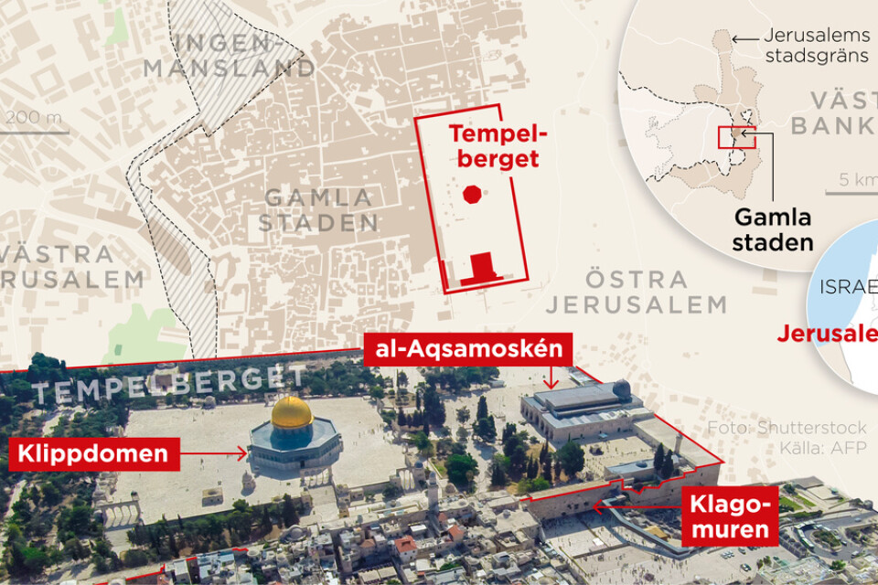 Kartan visar Tempelbergets placering i Jerusalem med Klippdomen, al-Aqsamoskén och Klagomuren.