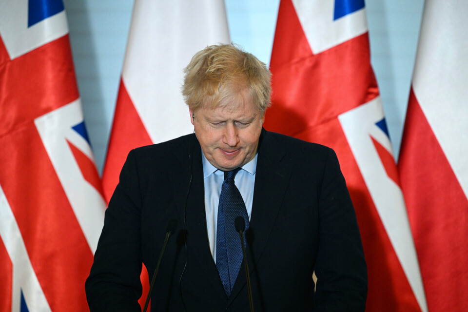 Storbritanniens premiärminister Boris Johnson under en pressträff med Polens premiärminister Mateusz Morawiecki.