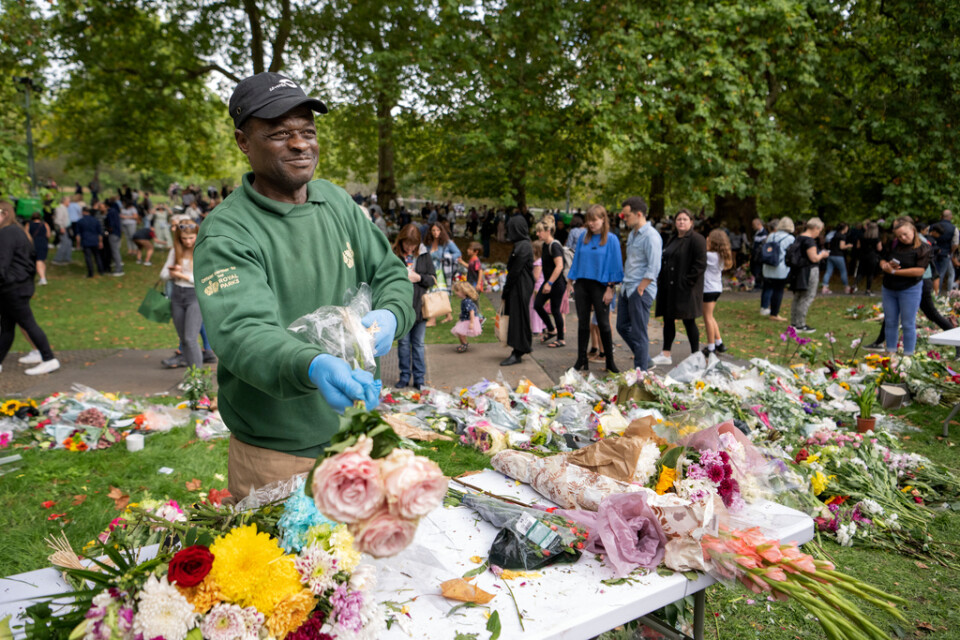 Bob Cole tar bort plasten från alla de blommor som lämnats vid Buckingham Palace.