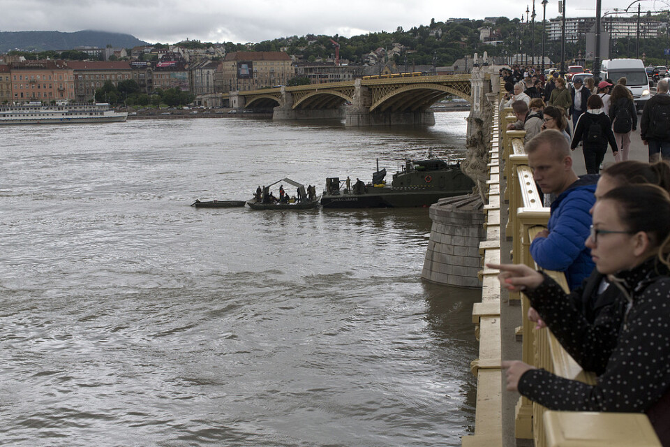 Människor samlas på en bro över Donau där räddningsarbetet pågår.