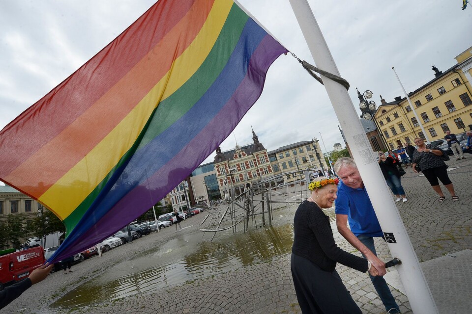 Anna-Kerstin Larsson (L), the chairman of the municipal council, runs up the Pride flag in 2017.
