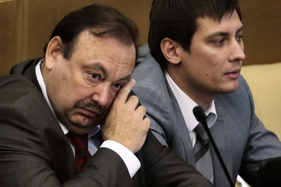 Parlamentsledamöter Gennadij Gudkov (till vänster) och Dmitrij Gudkov i duman. Arkivbild från 2012.