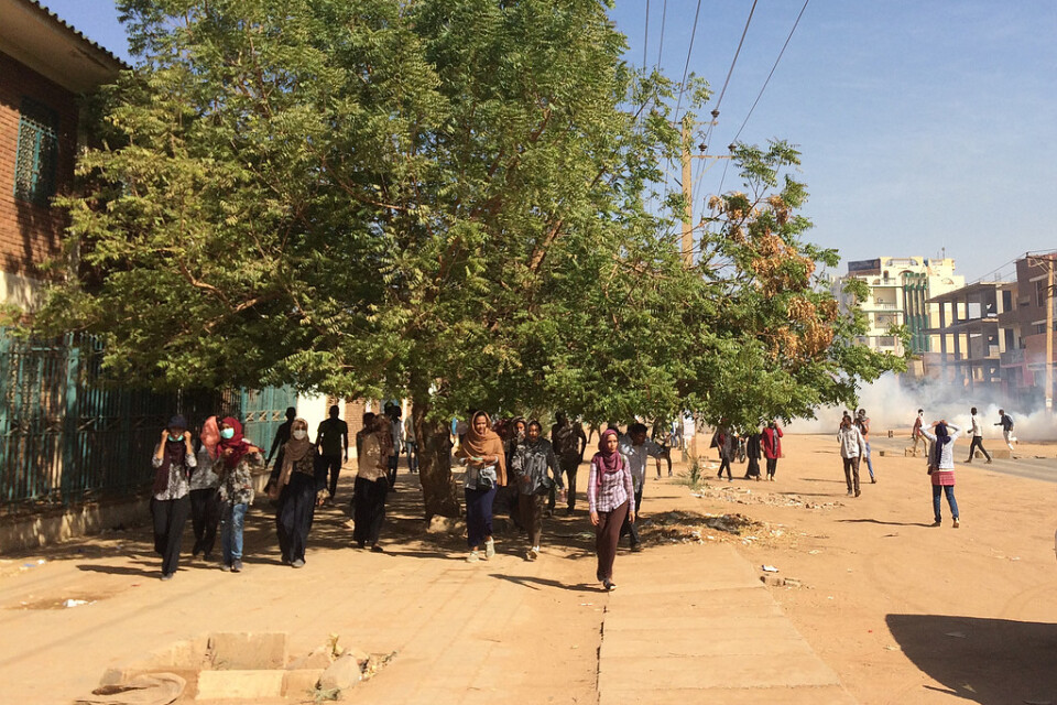Demonstranter springer för att komma undan polisens tårgas vid en protest i Khartoum i januari. Arkivbild.