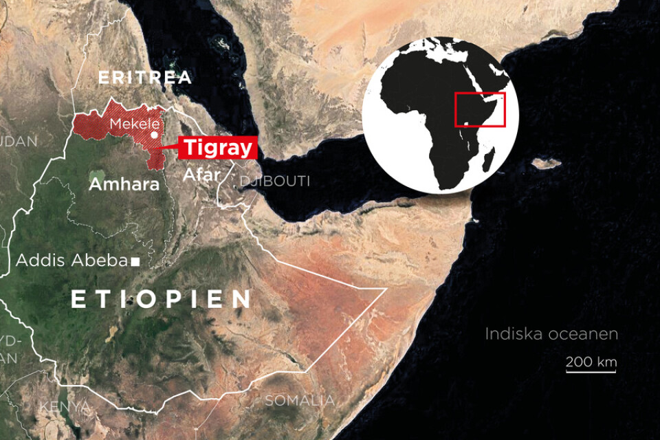 Tigrayregionen i norra Etiopien, med de angränsade regionerna Amhara och Afar.