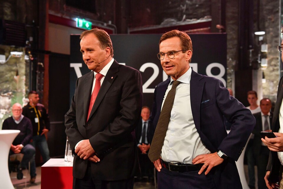 Mindre tydlig ideologi, minskat väljarintresse. Här Stefan Löfven och Ulf Kristersson inför SVT-duellen i Norrköping på fredagskvällen.