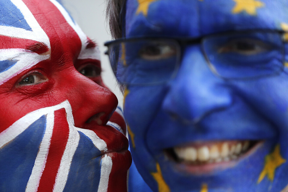 Flaggmålade aktivister pussas för att visa vänskapen mellan Storbritannien och EU utanför veckans EU-toppmöte i Bryssel.