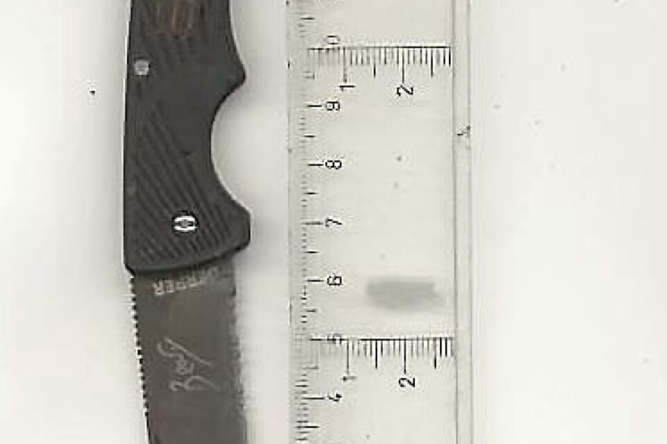 Den här kniven hade 17-åringen på sig när han togs för snatter i en affär i Hässleholm i november i fjol. 	    Foto: POLISEN