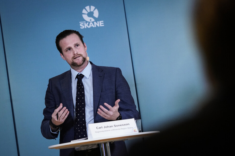Carl Johan Sonesson (M), regionstyrelseordförande i Region Skåne,under en pressträff om en fast förbindelse mellan Helsingborg och Helsingör.