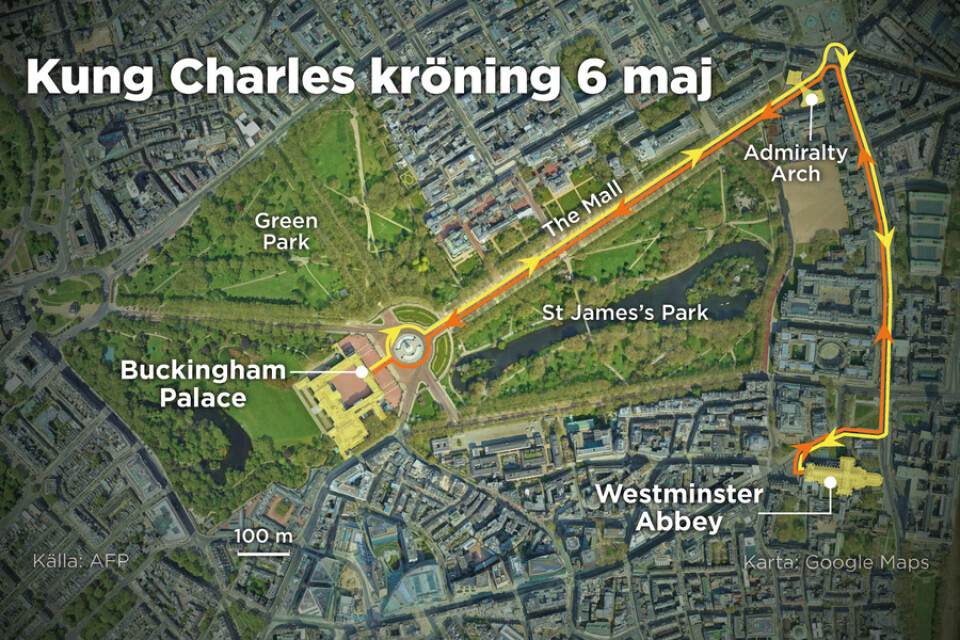 Kortegevägen i London vid kung Charles III kröning den 6 maj. Från Buckingham Palace till Westminster Abbey genom Admiralty Arch.