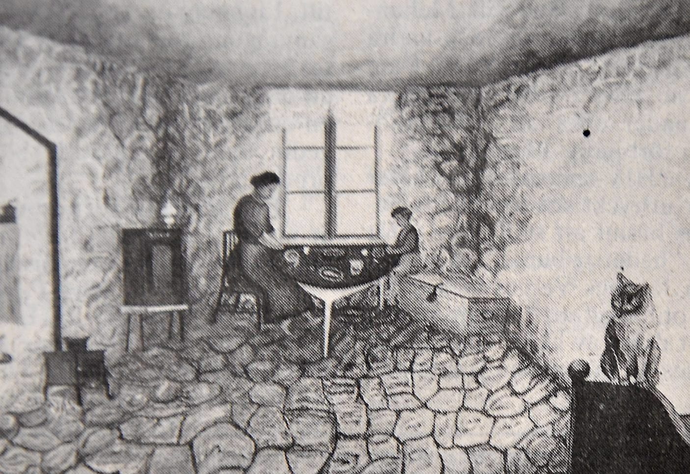Målningen ”Bordbönen” gjorde Algot Andersson 1950. Den visar en interiör från jordstugan vid Galgabacken där han bodde med modern Nilla.
Arkiv