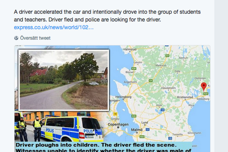 ”Bilförare plöjer in i grupp med barn”. Så skildrar en engelsk nättidning händelsen i Sölvesborg. Bilen på bilden som används för att illustrera ”dådet” har ingenting med den verkliga händelsen att göra.
