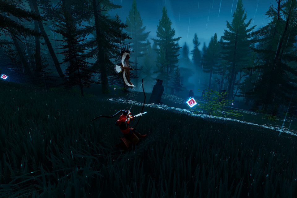 Spelaren får extra fart framåt genom att skjuta pilar på talismaner. Det handlar mer om tajmning än träffsäkerhet, och att hitta rätt rytm. Pressbild.