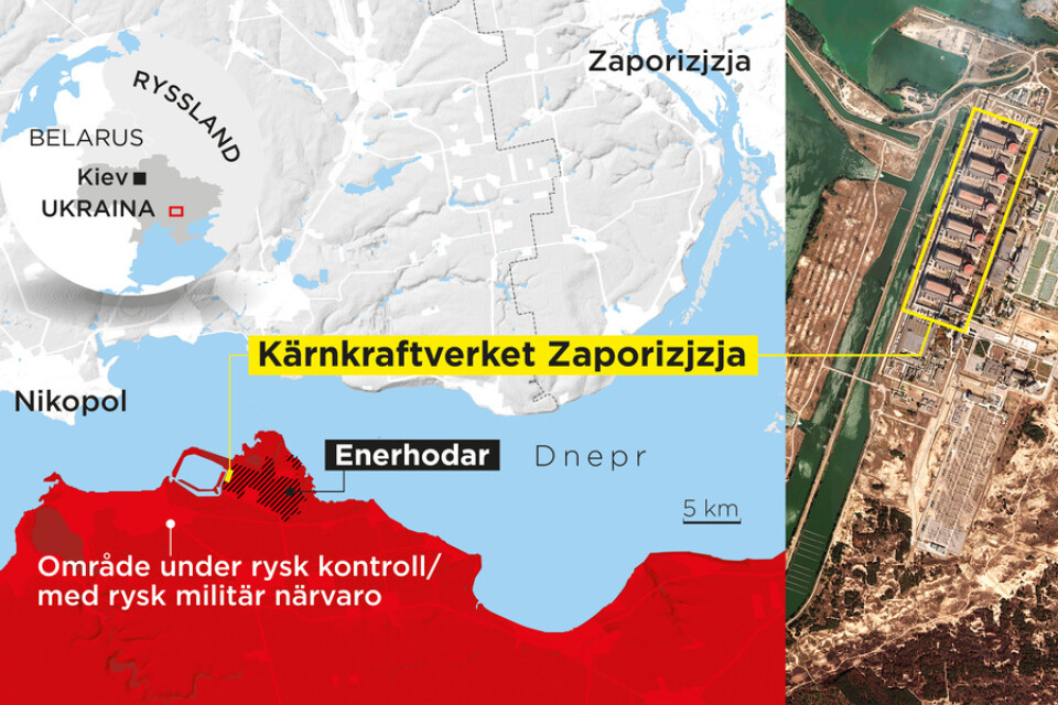 Den ryskockuperade staden Enerhodar och kärnkraftverket Zaporizjzja. På andra sidan Dnepr ligger Nikopol, i det ukrainska länet Dnipropetrovsk.